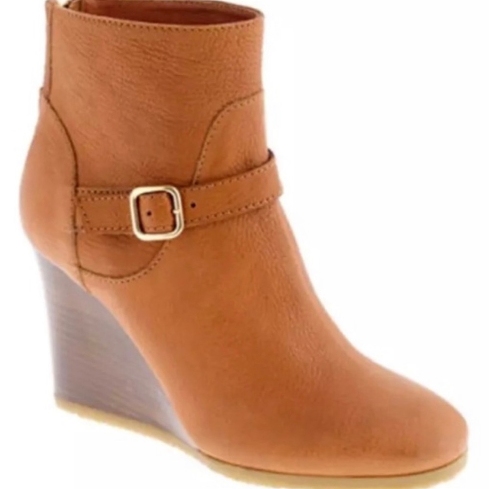 J. Crew Emmett Tan Leather Wedge Heels Zipper Booties Size 10 With Buckle